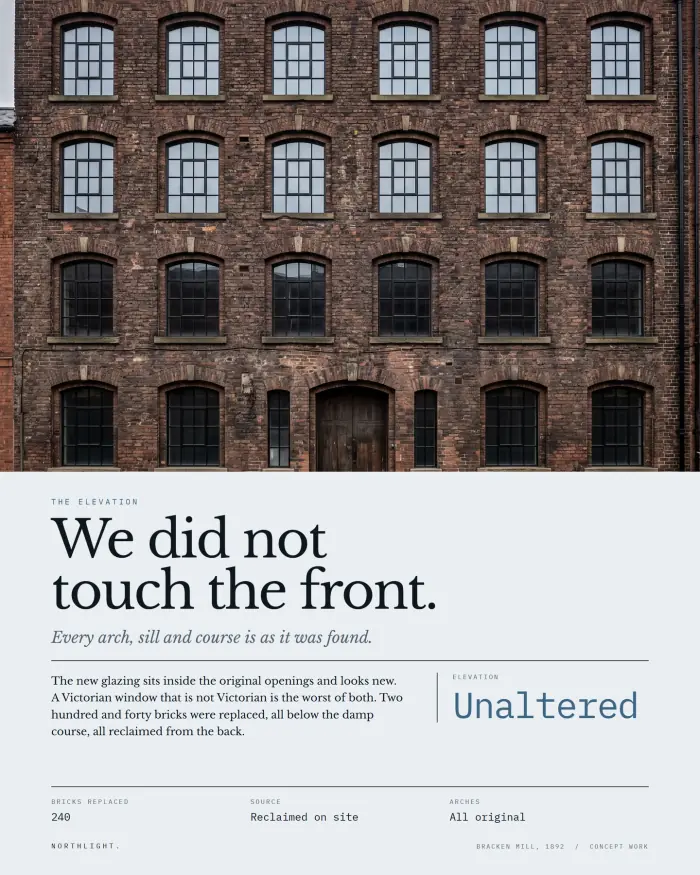 Property page: a brick facade beside a short note headed "We did not touch the front" and a specification field marked Unaltered.