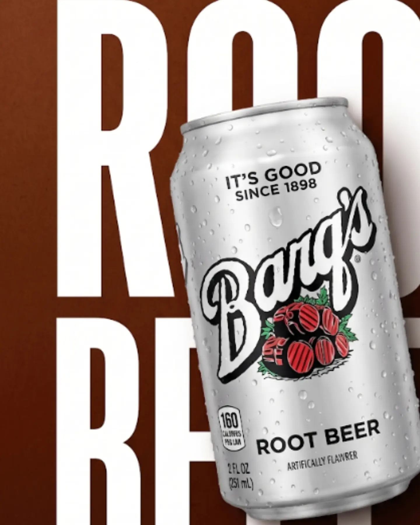 Soft drink poster: a Barq's root beer can on ice under the words ROOT BEER set very large.