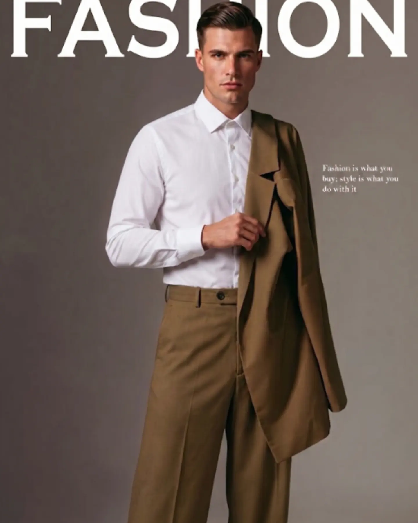 Fashion cover: a model in a tan coat on an orange ground under the word STYLE.