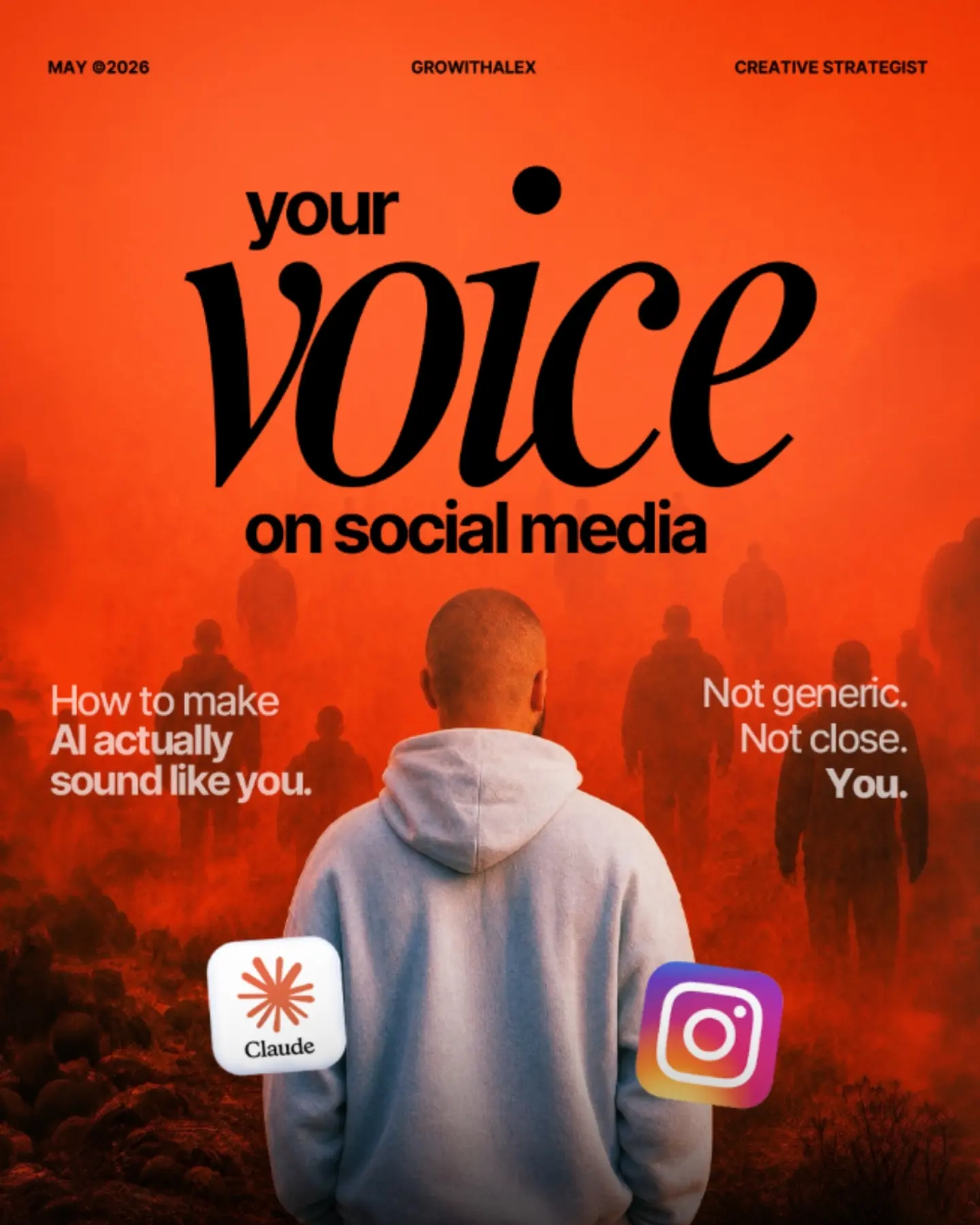 Social graphic: a figure in a hoodie on an orange ground under the words "your voice on social media".