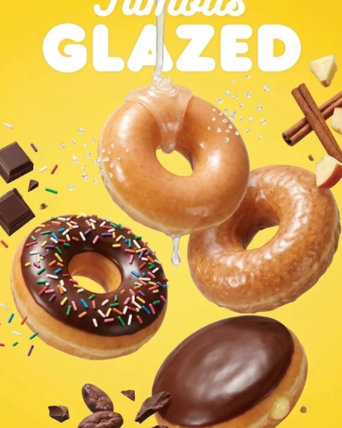Doughnut poster: glazed and chocolate doughnuts on a yellow ground under the word GLAZED.