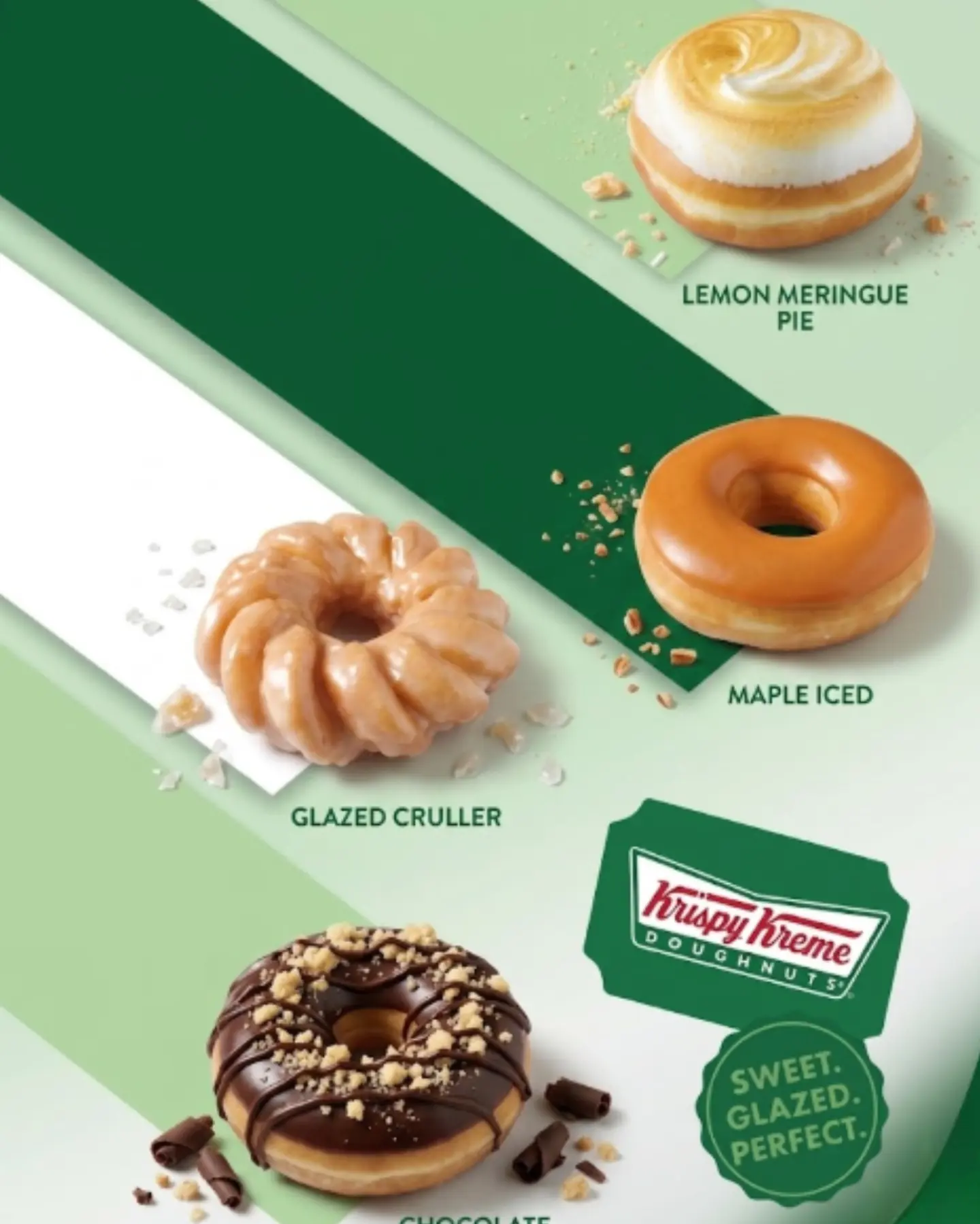 Doughnut range card: three glazed varieties photographed on a pale green ground with their names.