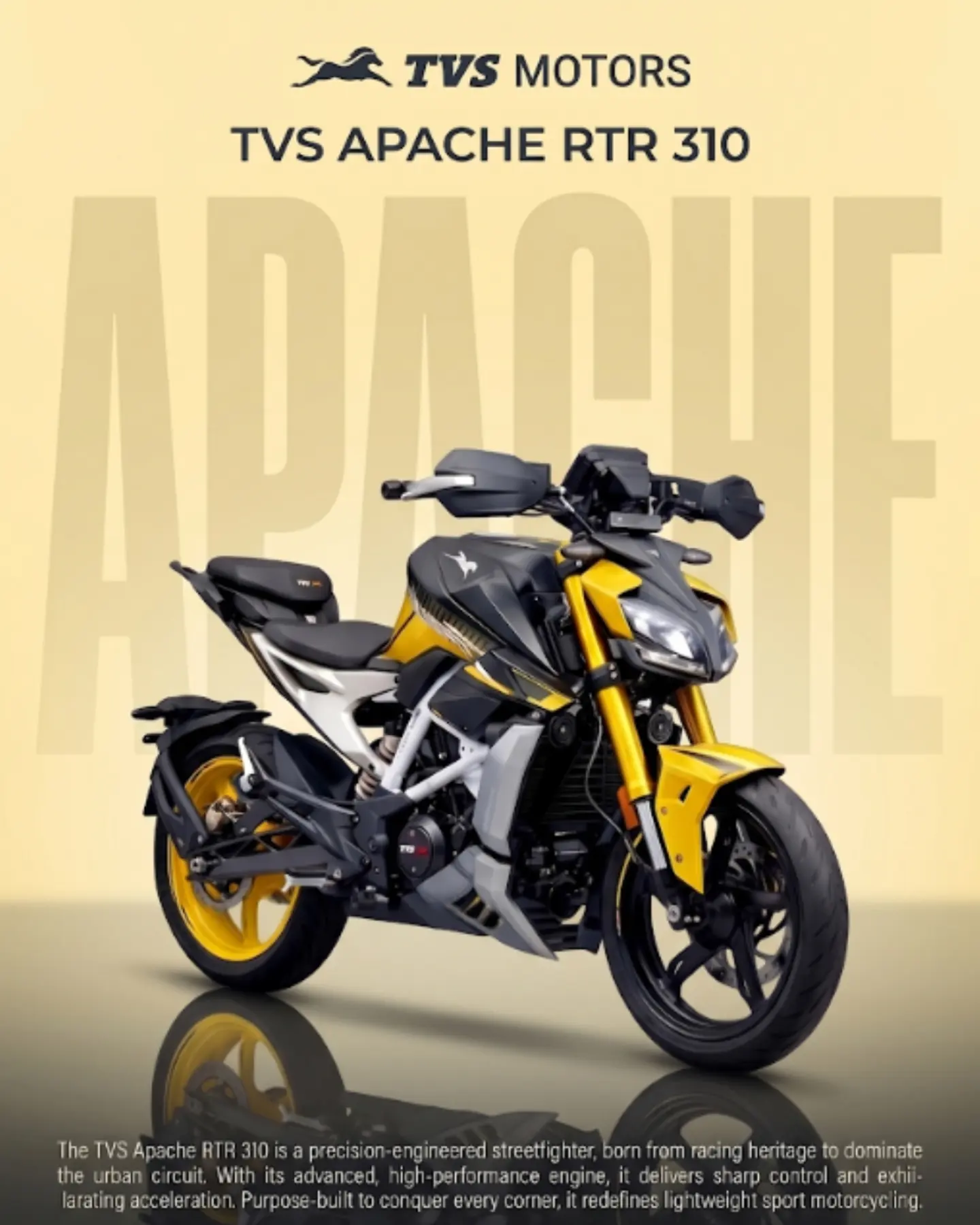 Motorcycle poster: a yellow and black sports bike on a dark ground with its specification set beneath.