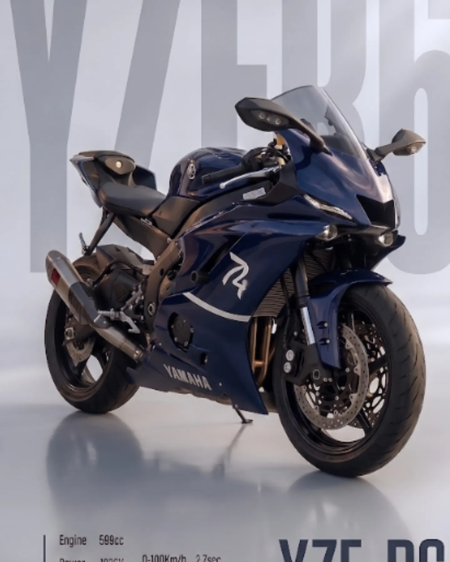 Motorcycle poster: a blue Yamaha sports bike in profile on a pale ground with a specification block.